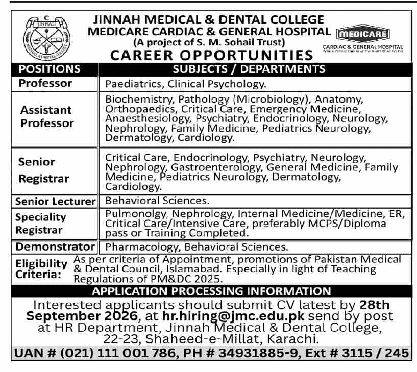 Jinnah Medical College Jobs 2026: Apply Now