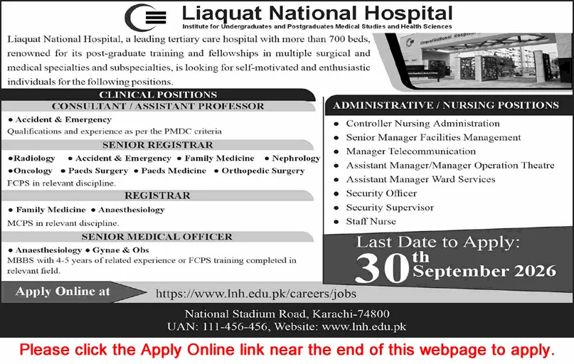 Liaquat National Hospital Karachi Jobs September 2026 Apply Online