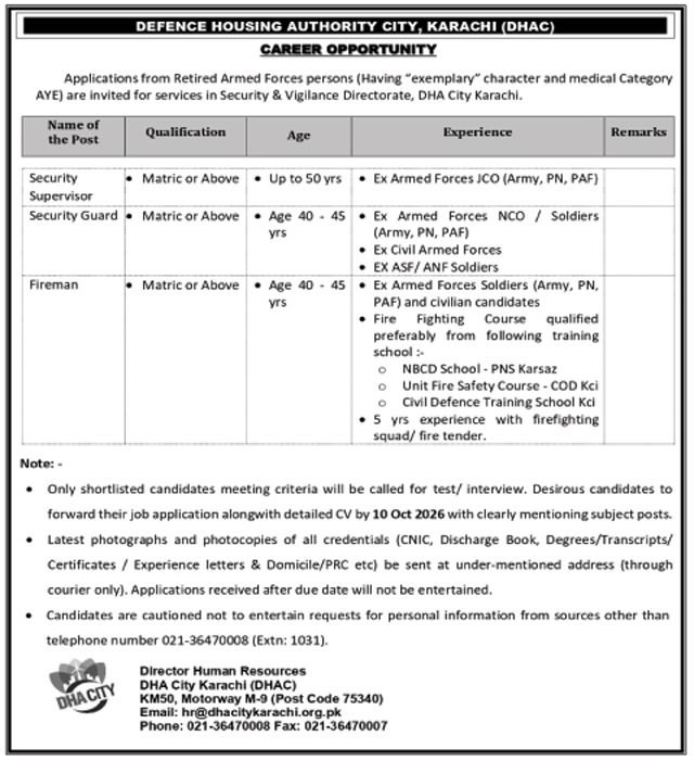 Defence Housing Authority DHA Karachi Jobs 2026