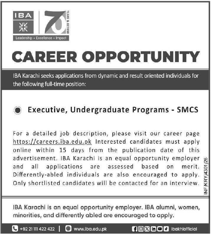 Institute Of Business Administration IBA Career Opportunity 2026
