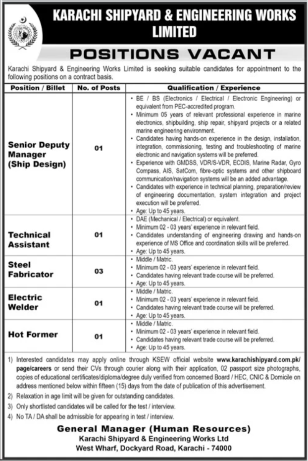 Karachi Shipyard And Engineering Works Limited Jobs in Sindh 2026