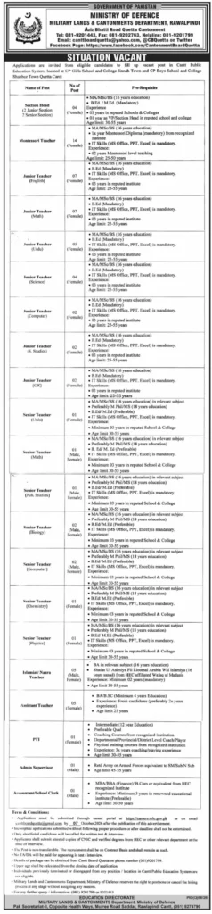 Military Lands and Cantonments Department Government Jobs 2026
