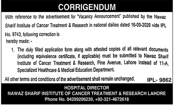 NSICT&R Jobs 2026: Nawaz Sharif Institute of Cancer Treatment & Research Jobs
