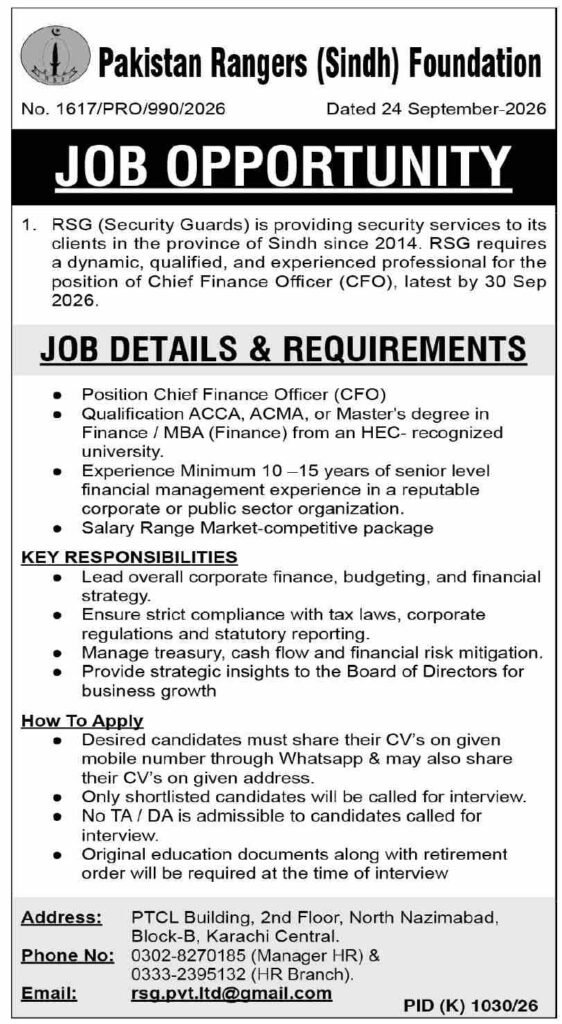 Pakistan Rangers CFO Jobs 2026 Apply Now