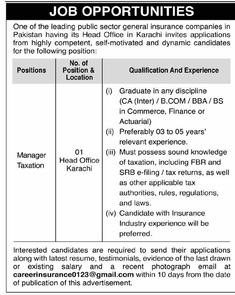 Public Sector Insurance Company Karachi Jobs 2026