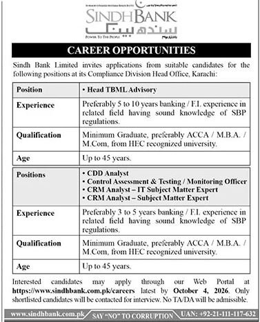 Sindh Bank Limited Jobs in Karachi 2026
