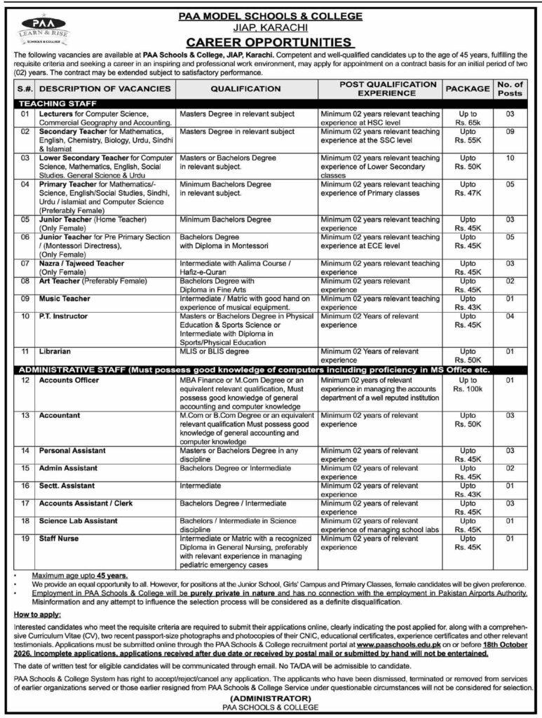 PAA Schools & College Jobs 2026 Apply Now!