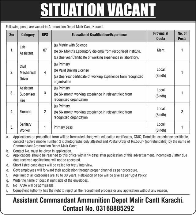 Ammunition Depot Malir Jobs in Karachi 2026