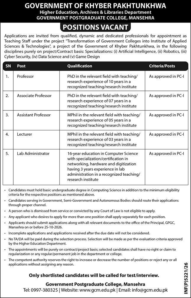 Government Postgraduate College GPGC KPK Jobs 2026