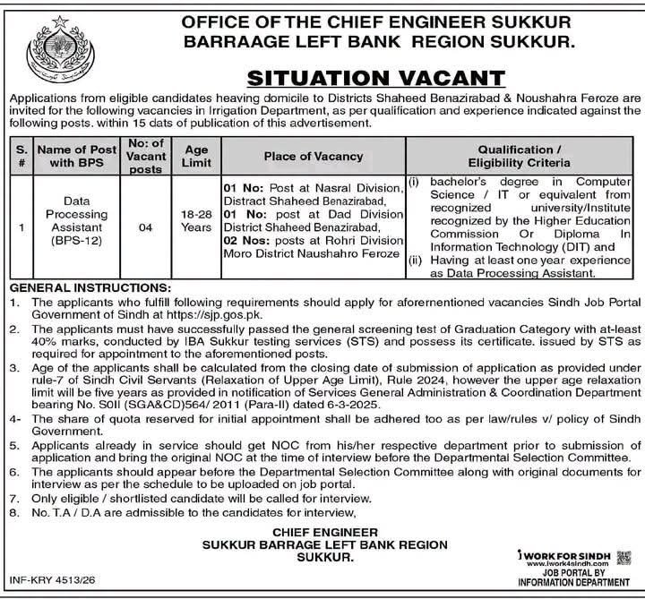 Irrigation Department Data Processing Assistant BPS 12 Jobs 2026