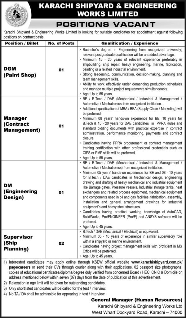Karachi Shipyard & Engineering Works Limited KSEW Jobs 2026
