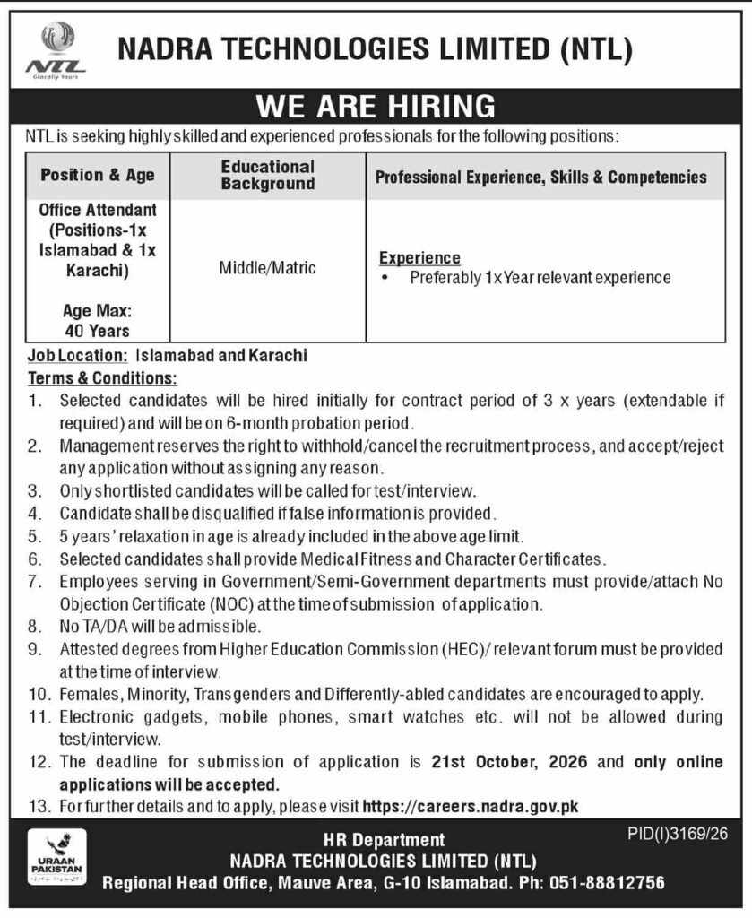NADRA Sindh Job Opportunities 2026