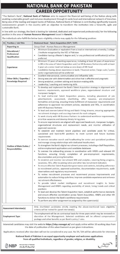 National Bank Of Pakistan NBP Karachi Jobs 2026