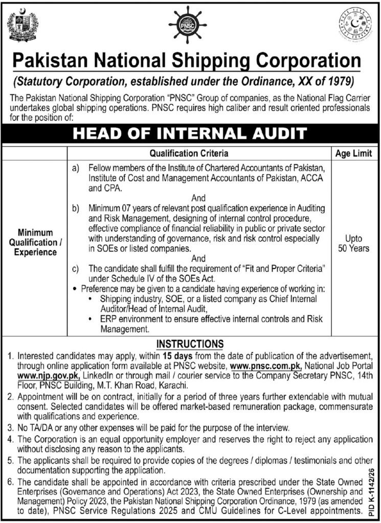 Pakistan National Shipping Corporation PNSC Karachi Jobs 2026