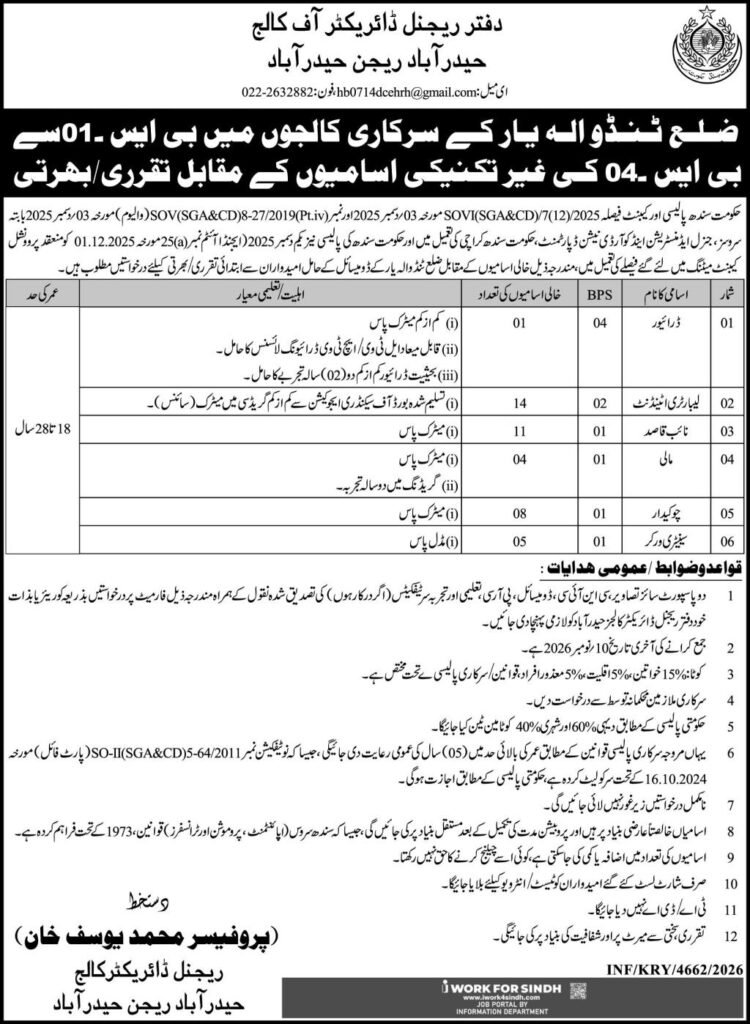 Regional Directorate Of Colleges Hyderabad Jobs 2026