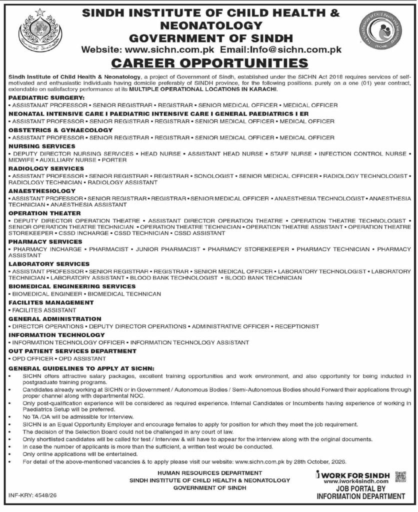 Sindh Institute Of Child Health and Neonatology SICHN Jobs