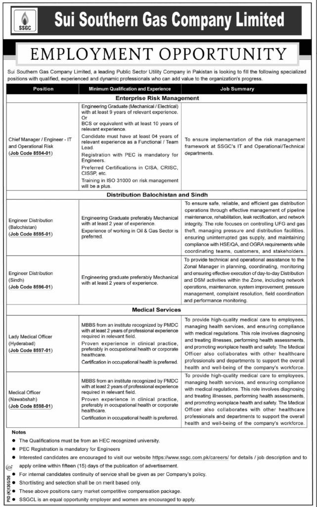 Sui Southern Gas Company Limited SSGC Jobs in Sindh 2026