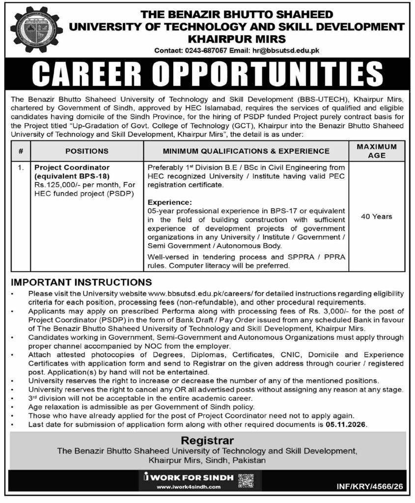 University Of Technology & Skill Development Khairpur Jobs 2026